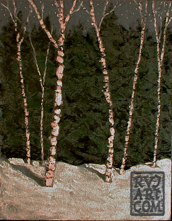 Midnight Birches, oil painting by Roger Vincent Jasaitis, RVJart.com