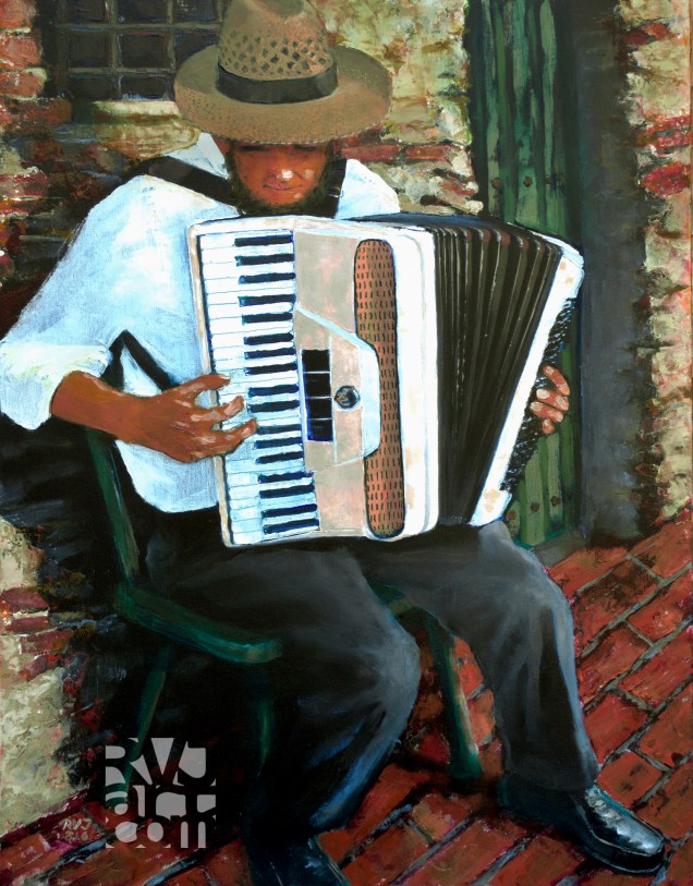 Chromatic Accordionist, España, oil painting by Roger Vincent Jasaitis, Copyright 2016, RVJart.com