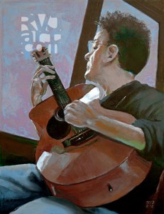Chromatic Scales, Self portrait with guitar, oil painting by Roger Vincent Jasaitis, Copyright 2016, RVjart.com